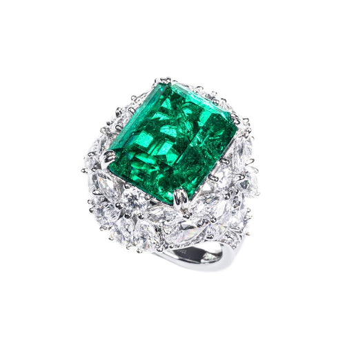 Emerald Green Zircon Statement Ring With Fancy Cut Pavé