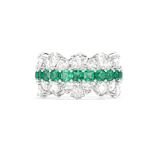 Front view of Emerald wedding ring with moissanite in silver, eternity band