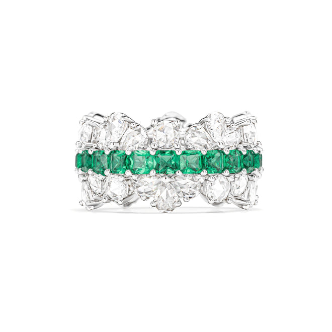 Front view of Emerald wedding ring with moissanite in silver, eternity band