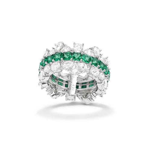 Emerald wedding ring with moissanite in silver, eternity band