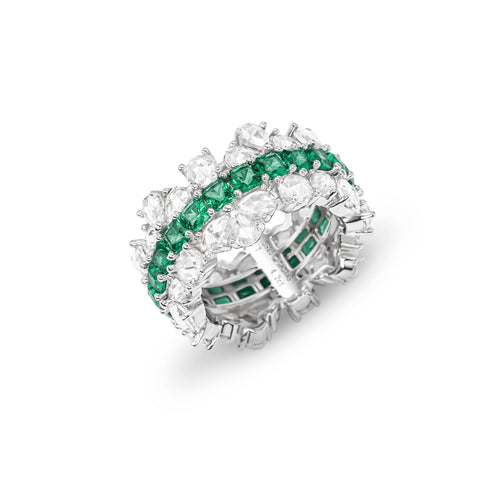 side view Emerald wedding ring with moissanite in silver, eternity band