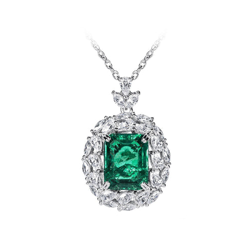 Emerald necklace with moissanite halo in silver