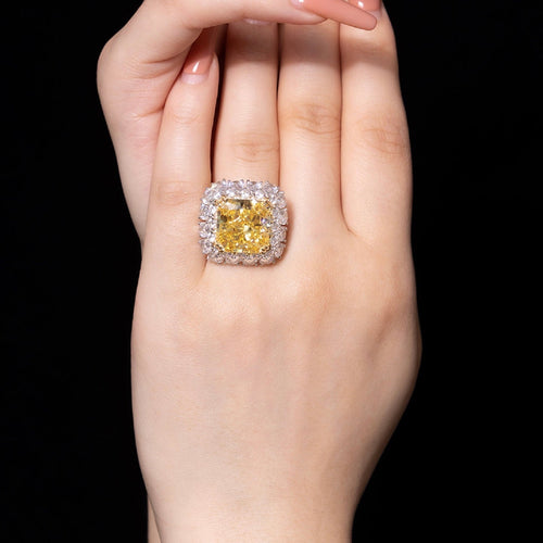 lady wearing Radiant yellow zircon silver statement ring