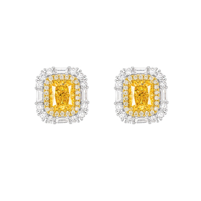 Yellow zirconia halo stud earrings in silver