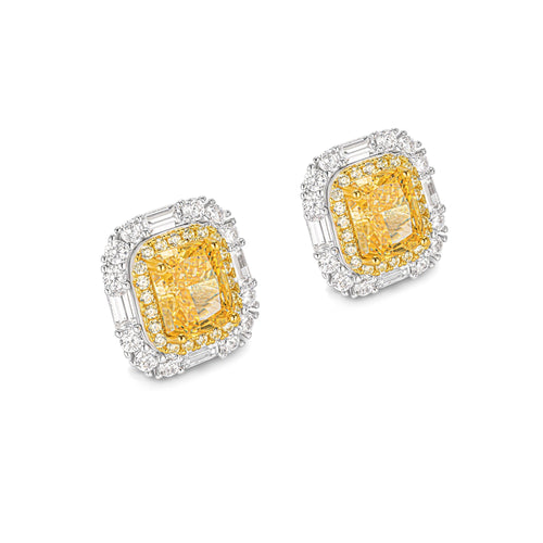 side view of Yellow zirconia halo stud earrings in silver