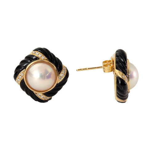 Akoya Pearl Diamond Earrings with Black Onyx Mother of pearl