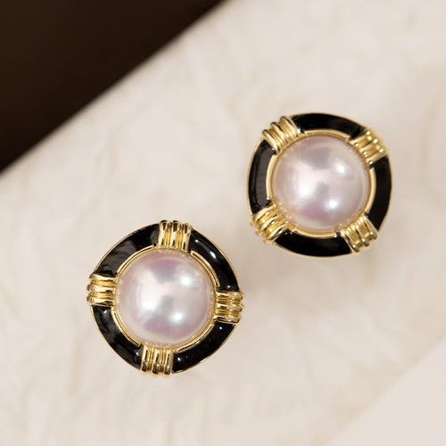 Akoya Pearl and Black Enamel Earrings