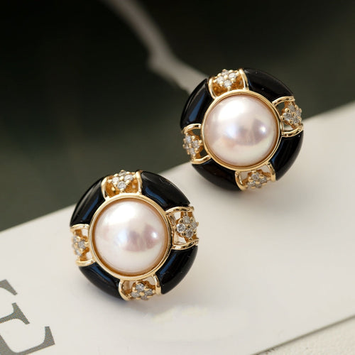 Akoya Pearl Diamond Earrings with Black Onyx