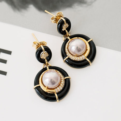 Akoya Pearl Diamond Earrings with Black Onyx