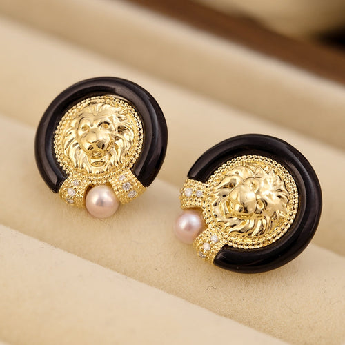 Lion Diamond Earrings With Akoya Pearl And Black Onyx