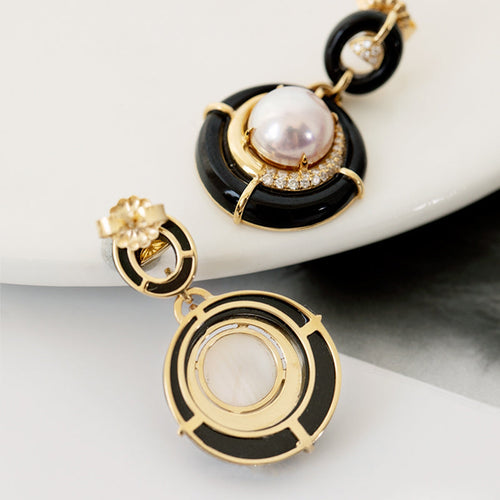 Akoya Pearl Diamond Earrings with Black Onyx