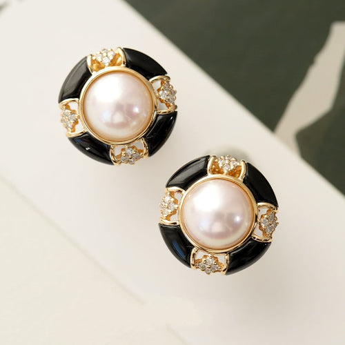 Akoya Pearl Diamond Earrings with Black Onyx