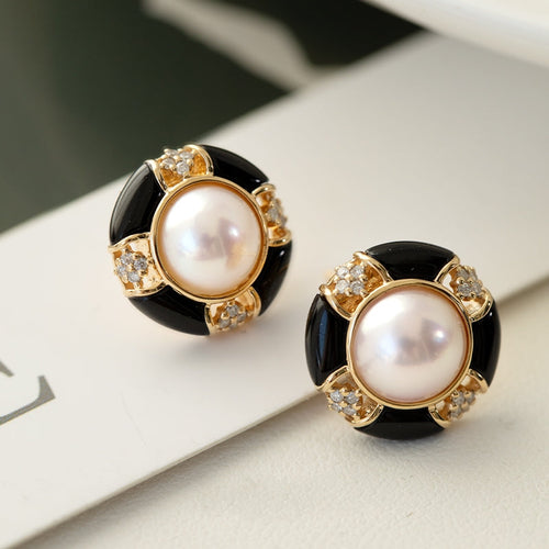 Akoya Pearl Diamond Earrings with Black Onyx