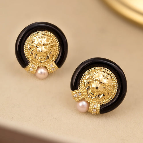 Lion Diamond Earrings With Akoya Pearl And Black Onyx