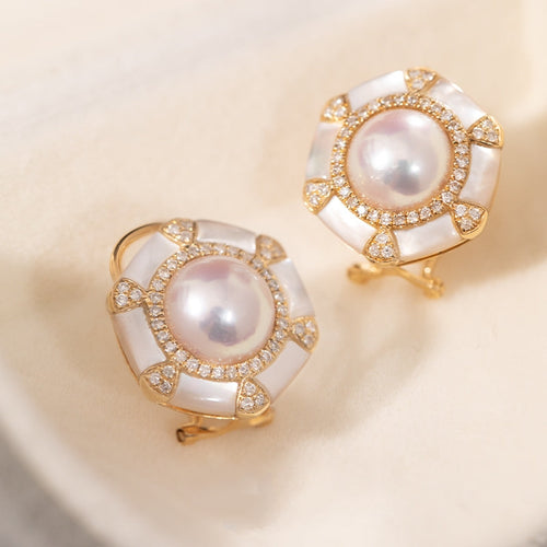 Akoya Pearl Diamond Earrings with Mother of pearl