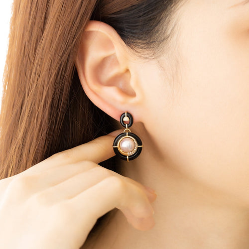 Akoya Pearl Diamond Earrings with Black Onyx