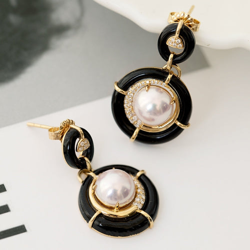 Akoya Pearl Diamond Earrings with Black Onyx