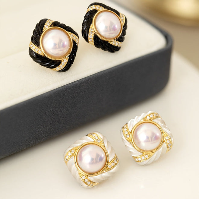 Akoya Pearl Diamond Earrings with Black Onyx Mother of pearl