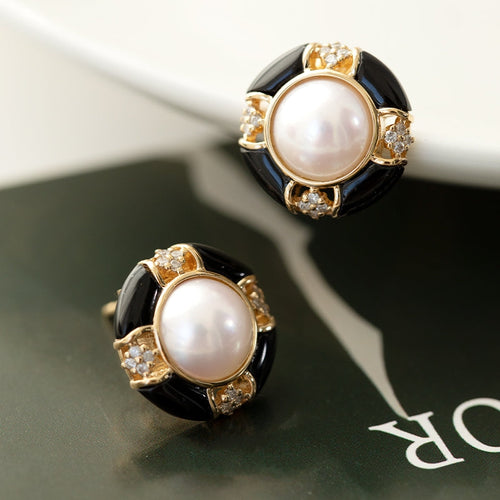 Akoya Pearl Diamond Earrings with Black Onyx