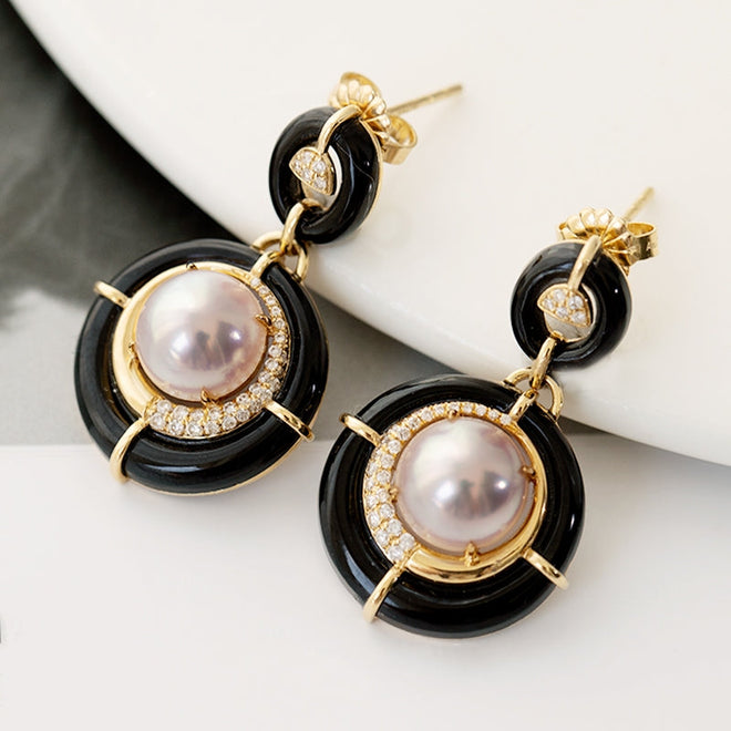 Akoya Pearl Diamond Earrings with Black Onyx
