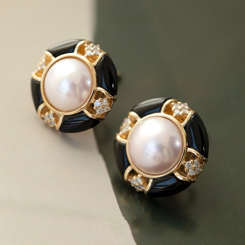 Akoya Pearl Diamond Earrings with Black Onyx