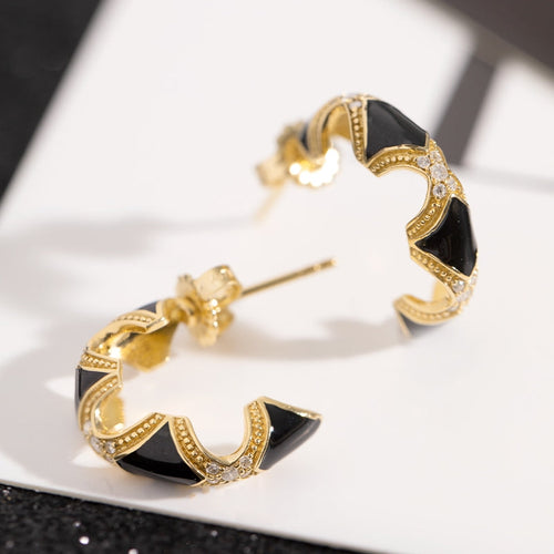 Black Enamel Earrings With Diamonds