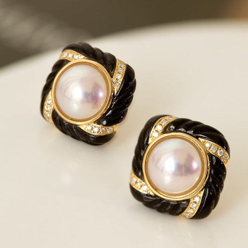 Akoya Pearl Diamond Earrings with Black Onyx Mother of pearl