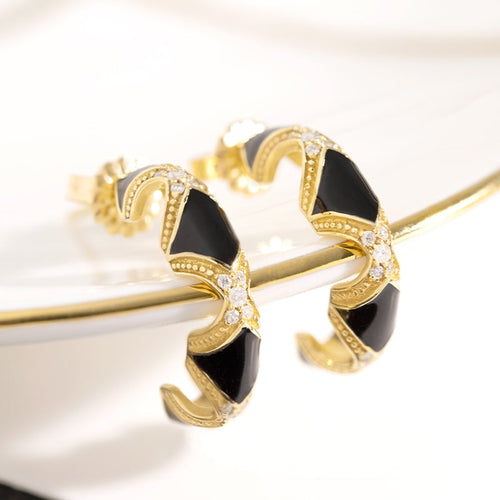 Black Enamel Earrings With Diamonds