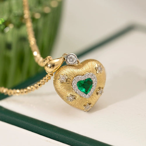 Emerald Pendant Heart-shape Locket With Diamonds