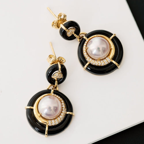 Akoya Pearl Diamond Earrings with Black Onyx