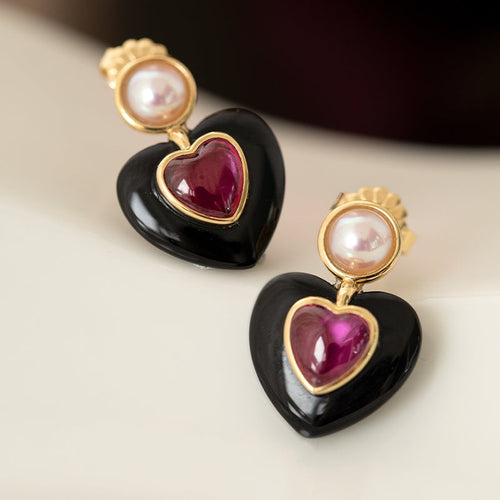 Akoya Pearl Rose Quartz Earrings with Black Onyx