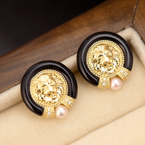 Lion Diamond Earrings With Akoya Pearl And Black Onyx