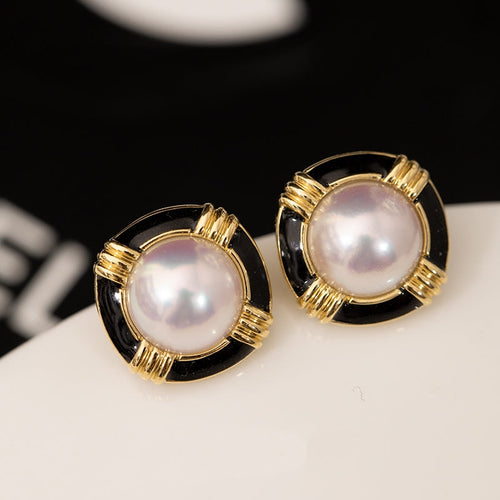 Akoya Pearl and Black Enamel Earrings