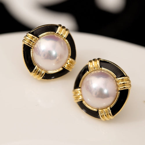 Akoya Pearl and Black Enamel Earrings