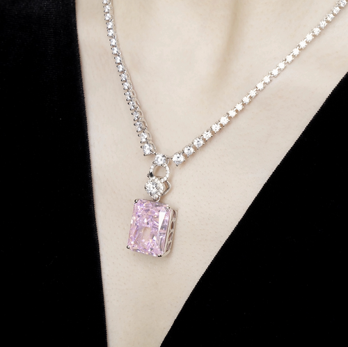 lady wearing Emerald Cut Pink Zircon Necklace