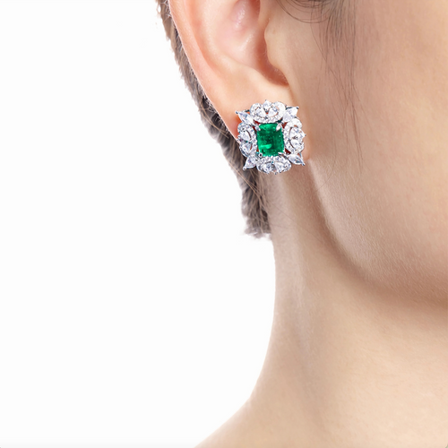 lady wearing Emerald Earrings With Moissanite And Filigree