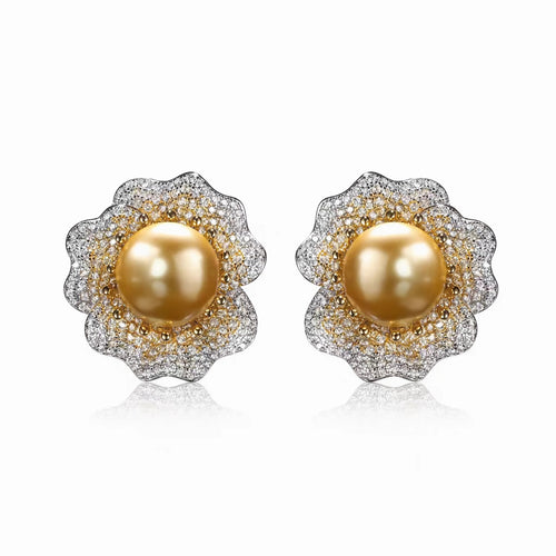 Golden pearl floral stud earrings