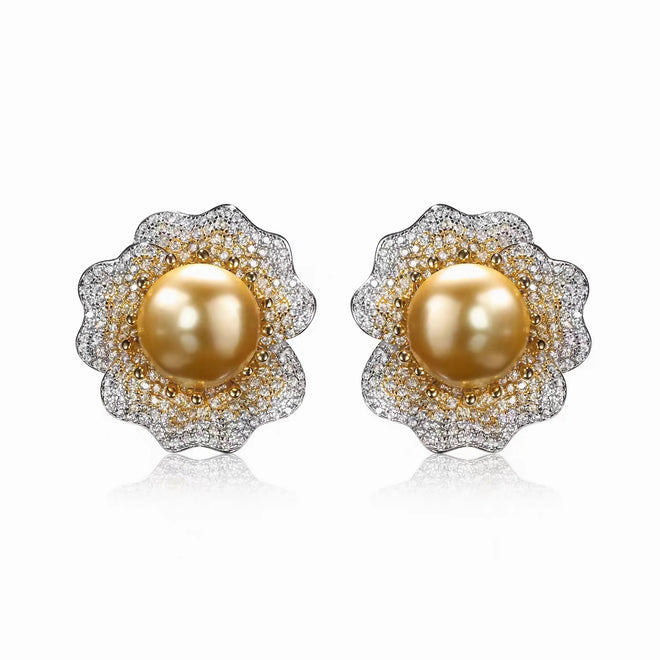 Golden pearl floral stud earrings