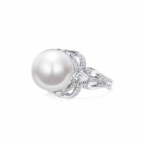 side view of White pearl silver statement ring