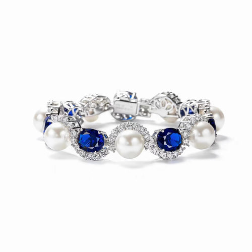 Front view of blue sapphire and pearl bracelet