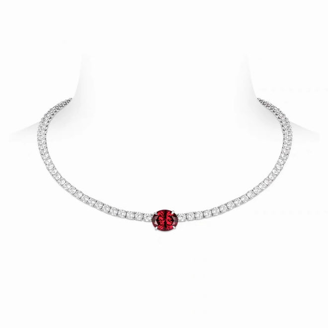 Red oval Zircon necklace in silver