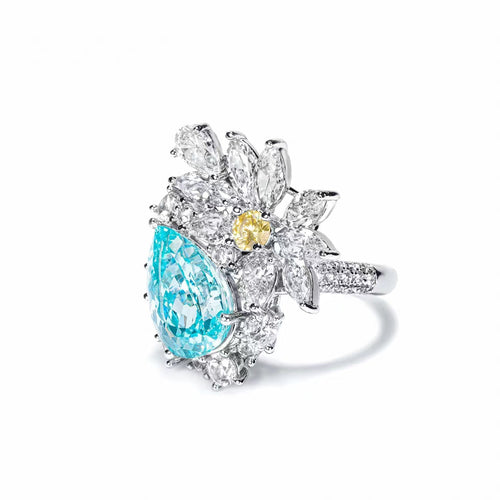 side view of Paraiba blue cubic zirconia cocktail ring in silver