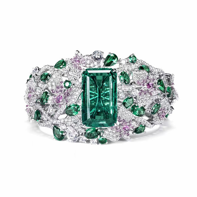 Fancy emerald bangle with moissanites in silver 