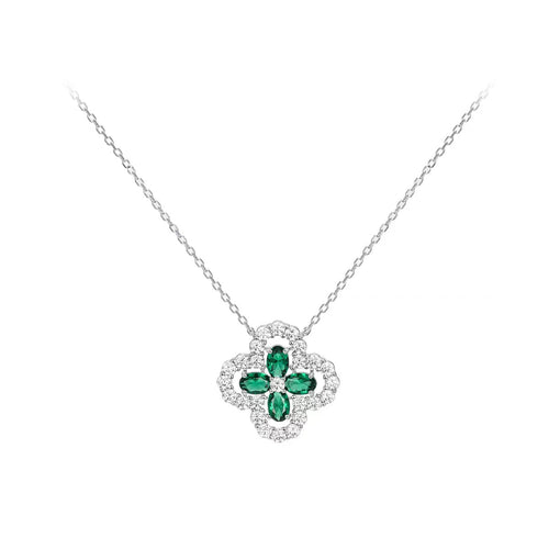 Front view of Emerald green clover necklace with halo in silver