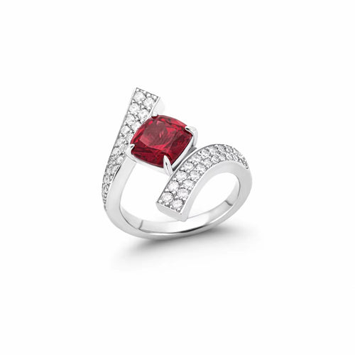 side view of Red zircon silver engagement ring with moissanites