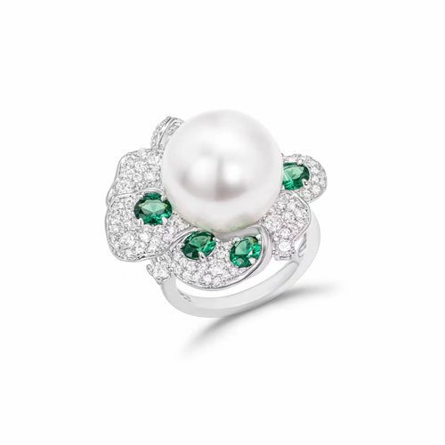 profile view of White pearl cocktail ring in silver