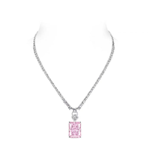 top view of Pink radiant zirconia necklace in silver