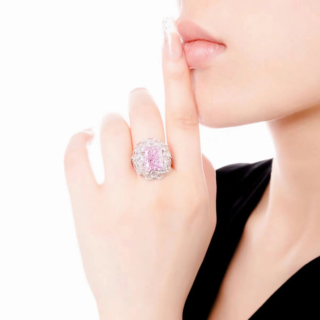 Pink zircon statement ring with marquise halo