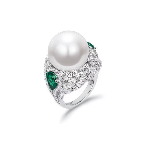 side view of Engagement ring with pearl and cubic zirconia