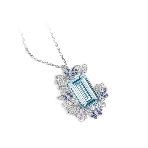 side view of Aquamarine silver necklace with moissanites